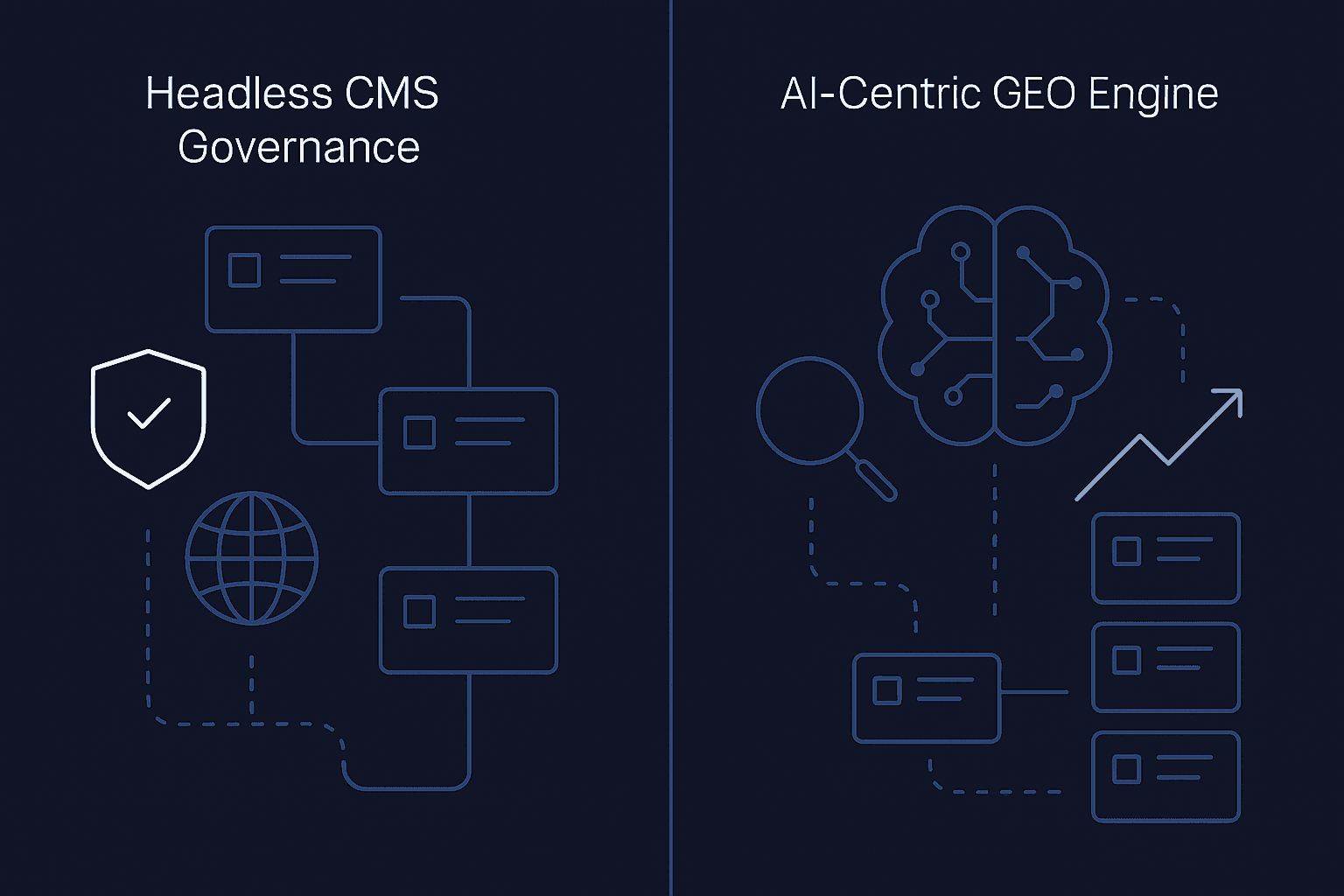 Side-by-side illustration comparing governance-centric CMS with AI GEO-focused platform