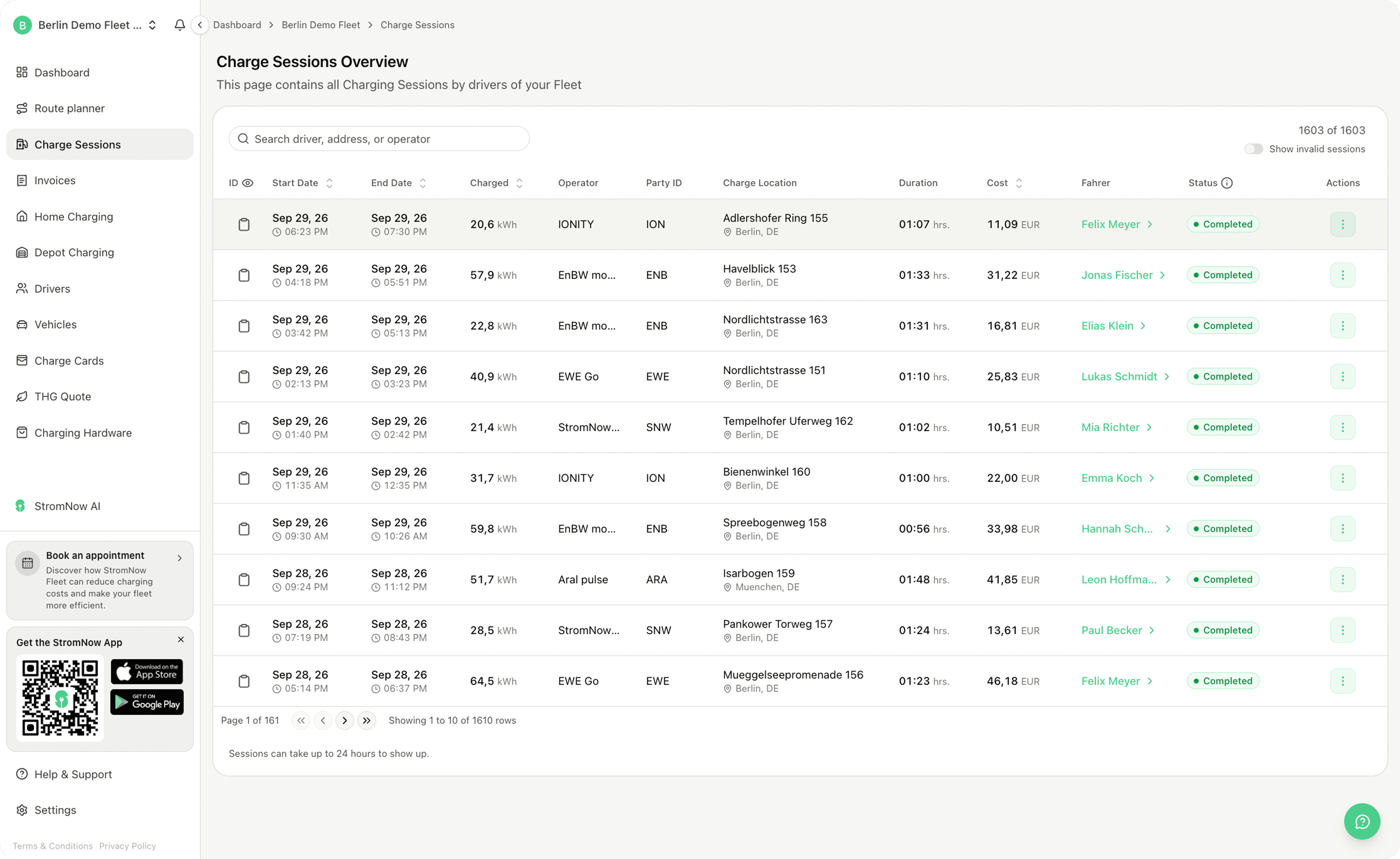 StromNow Fleet charge sessions overview with charging locations, costs and drivers.