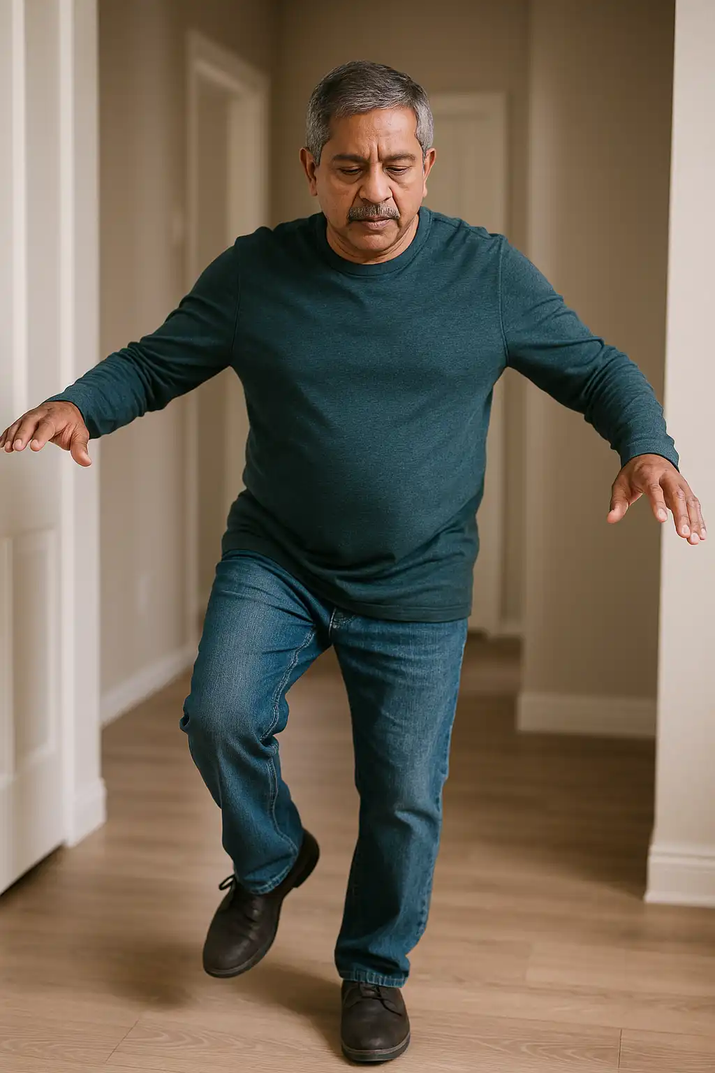 Elderly man practicing balance and coordination training by standing on one leg indoors.