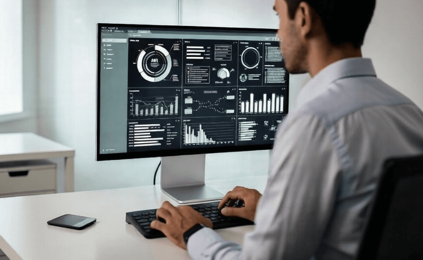 Data analyst reviewing AI analytics dashboard on large monitor