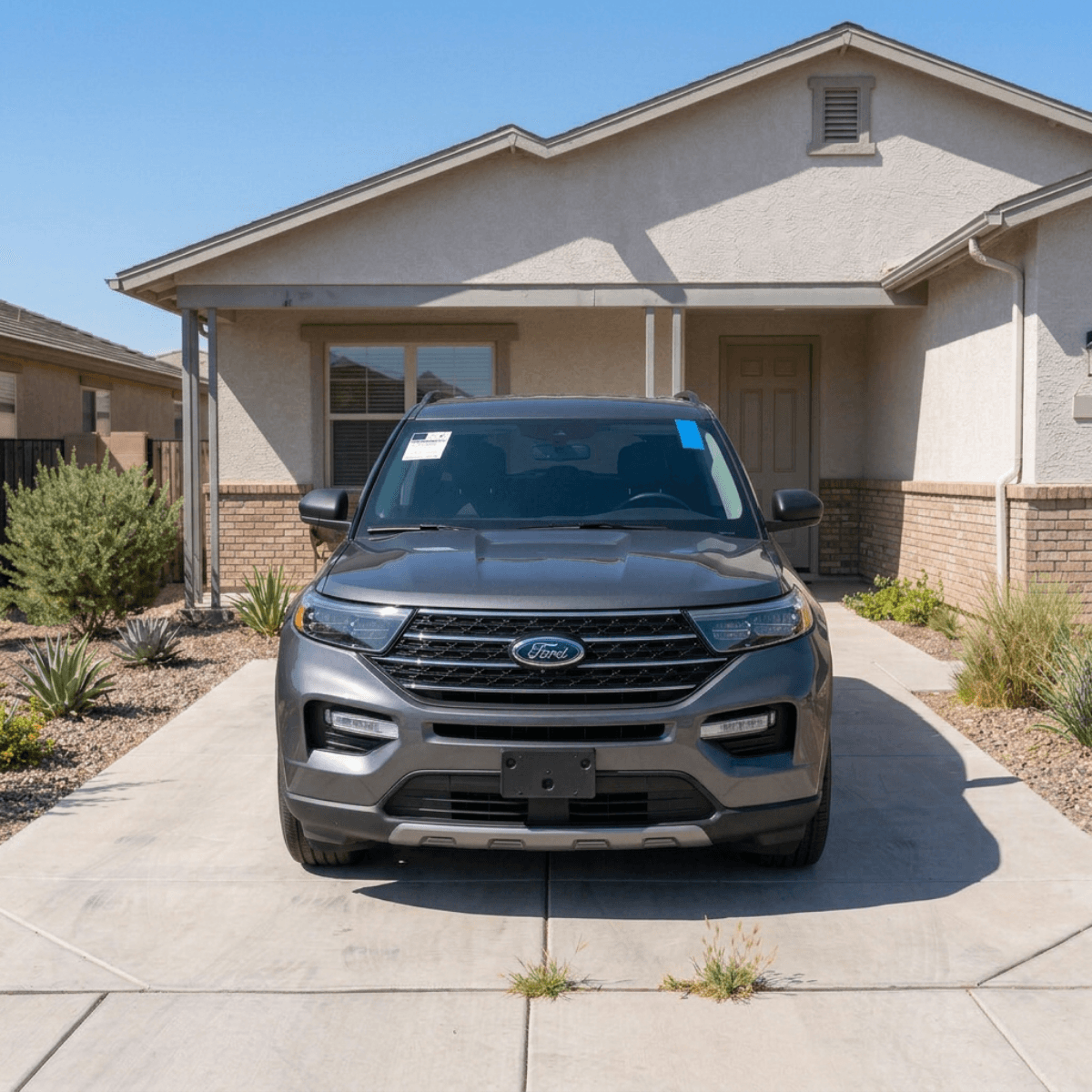 Gray Ford F-150 truck with a dealer-quality windshield replacement in front of a Globe, Arizona residence