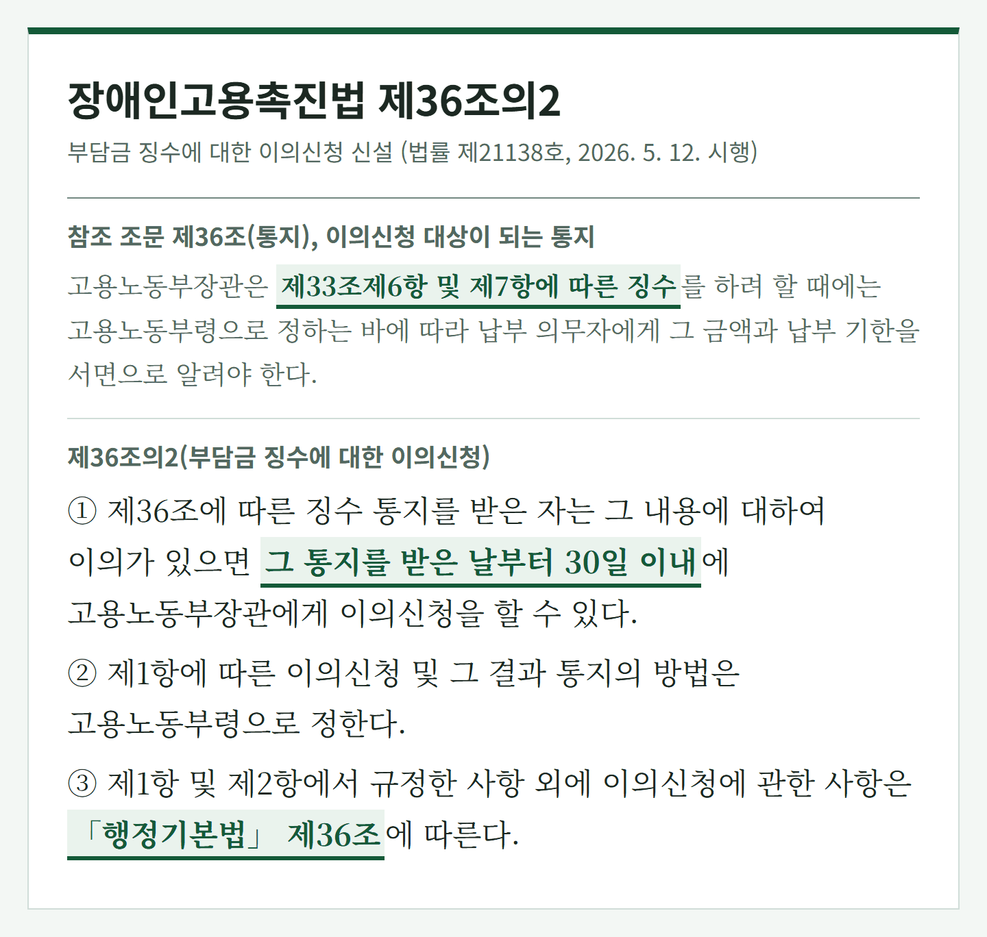 장애인고용촉진법 제36조의2 조문, 징수 통지를 받은 날부터 30일 이내 고용노동부장관에게 이의신청