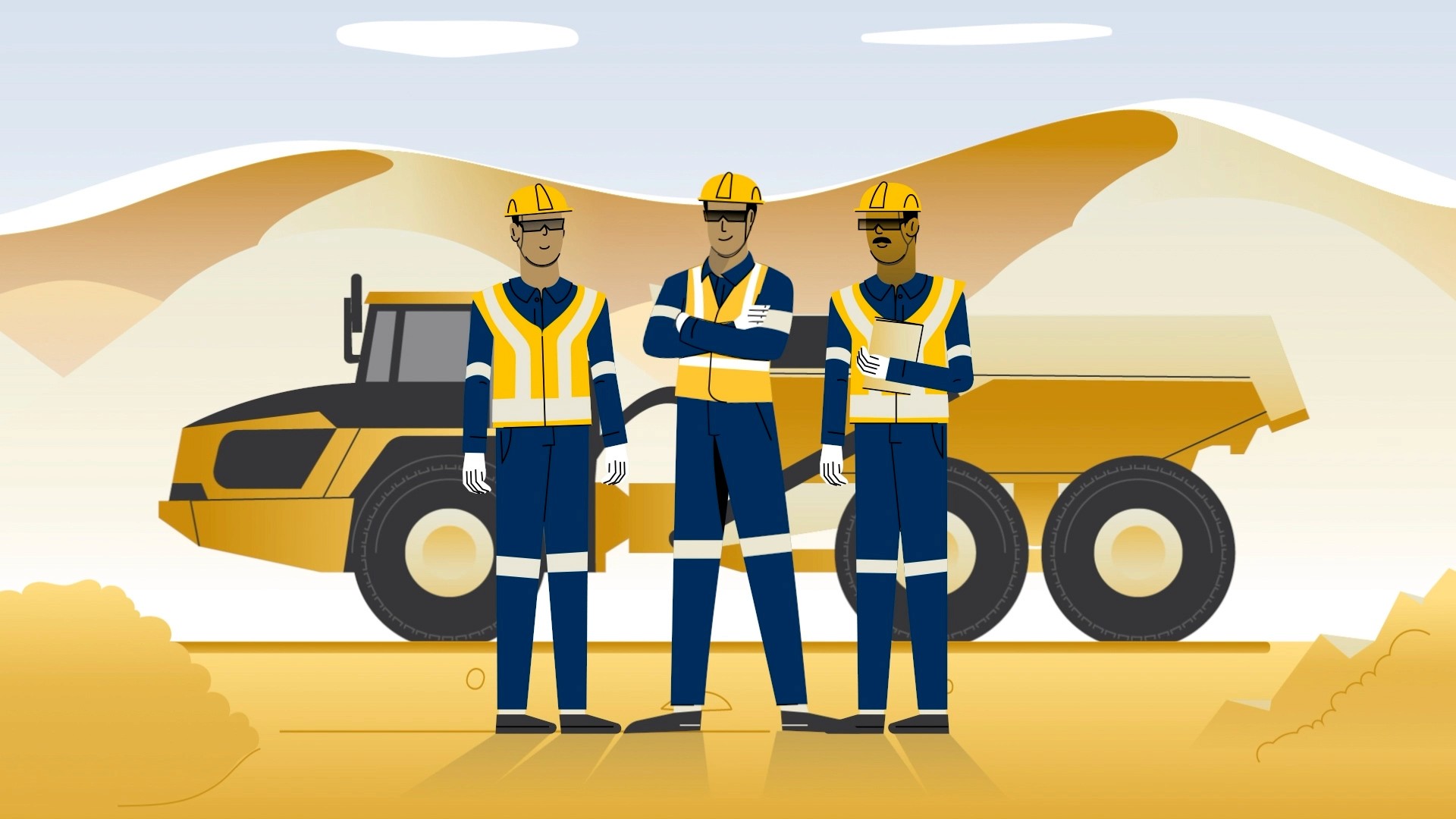 Illustration of 3 people standing in front of a truck