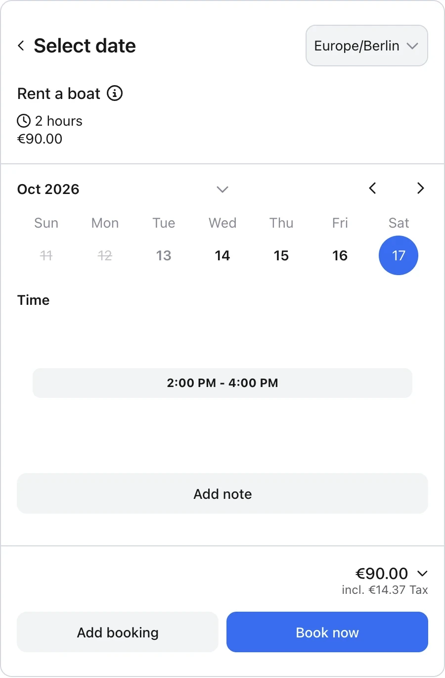 Real anny booking for Boat 1 on October 17, 2026, from 2 to 4 PM for €90 per boat
