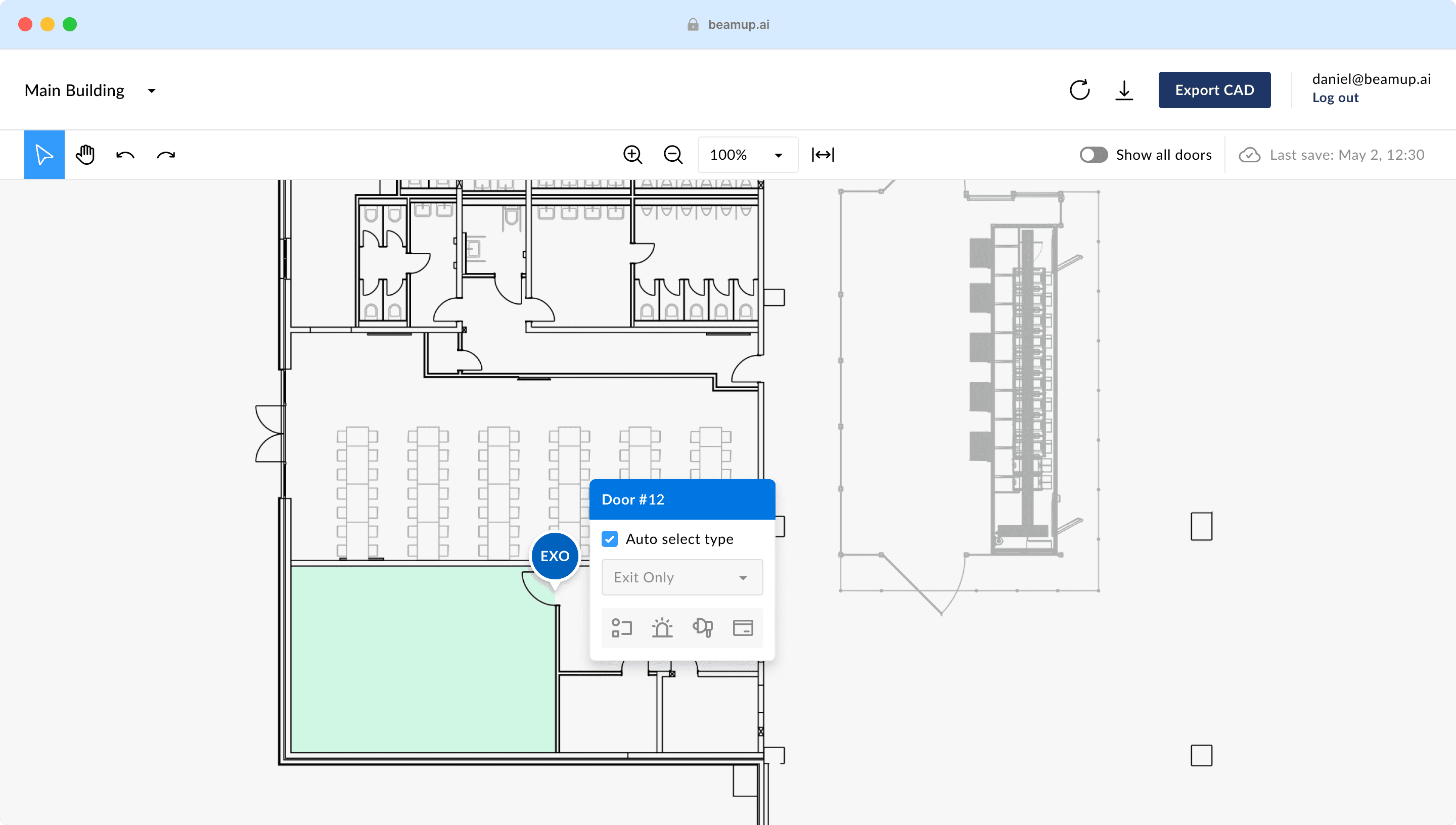 A browser window containing a security design tool with a floor plan loaded and a door selected