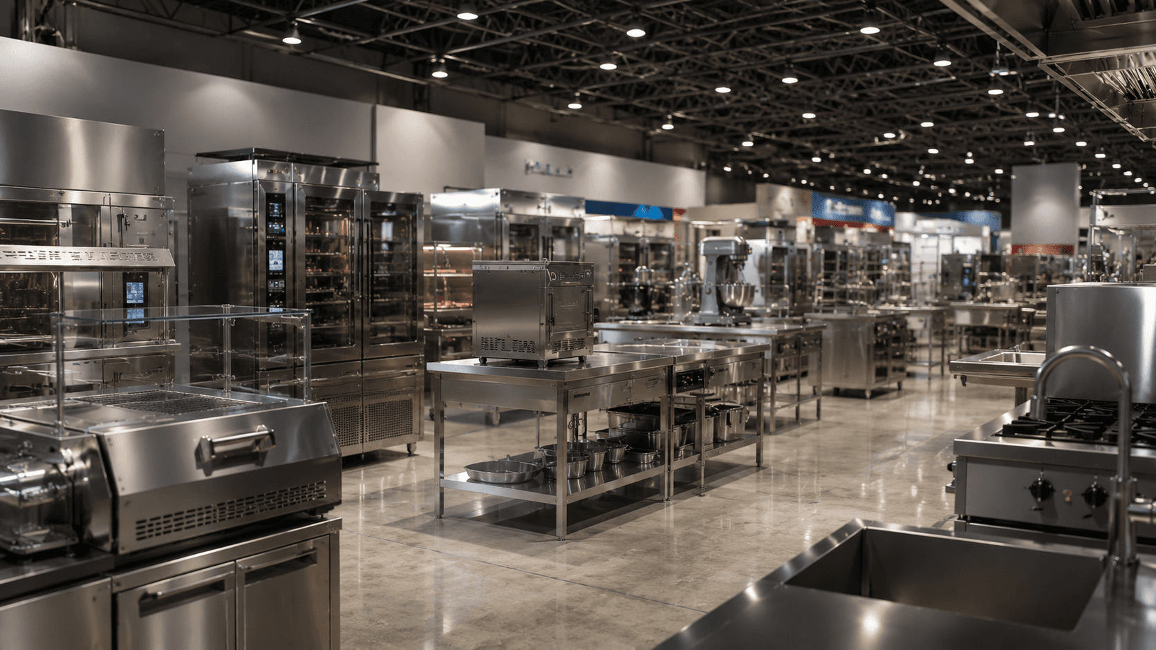 Imagem em estilo realista 3D mostrando um grande pavilhão moderno de feira do setor alimentício, com equipamentos industriais de cozinha e food service organizados em exposição. O ambiente possui iluminação profissional, piso polido e estruturas metálicas, transmitindo sensação de tecnologia, organização e operação em escala. Não há pessoas nem textos na cena. A composição em 16:9 remete a uma feira de negócios onde distribuidoras e fornecedores apresentam soluções para o próximo ciclo comercial do setor alimentício.