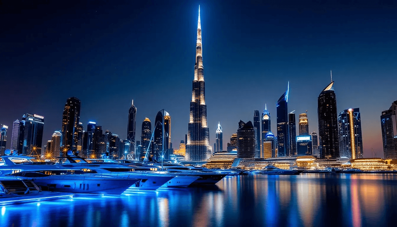 Die nächtliche Skyline von Dubai zeigt den beleuchteten Burj Khalifa, umgeben von luxuriösen Yachten in der Dubai Marina. Diese beeindruckende Aussicht ist ein beliebtes Ziel für Urlauber, die Ferienwohnungen in Dubai suchen.