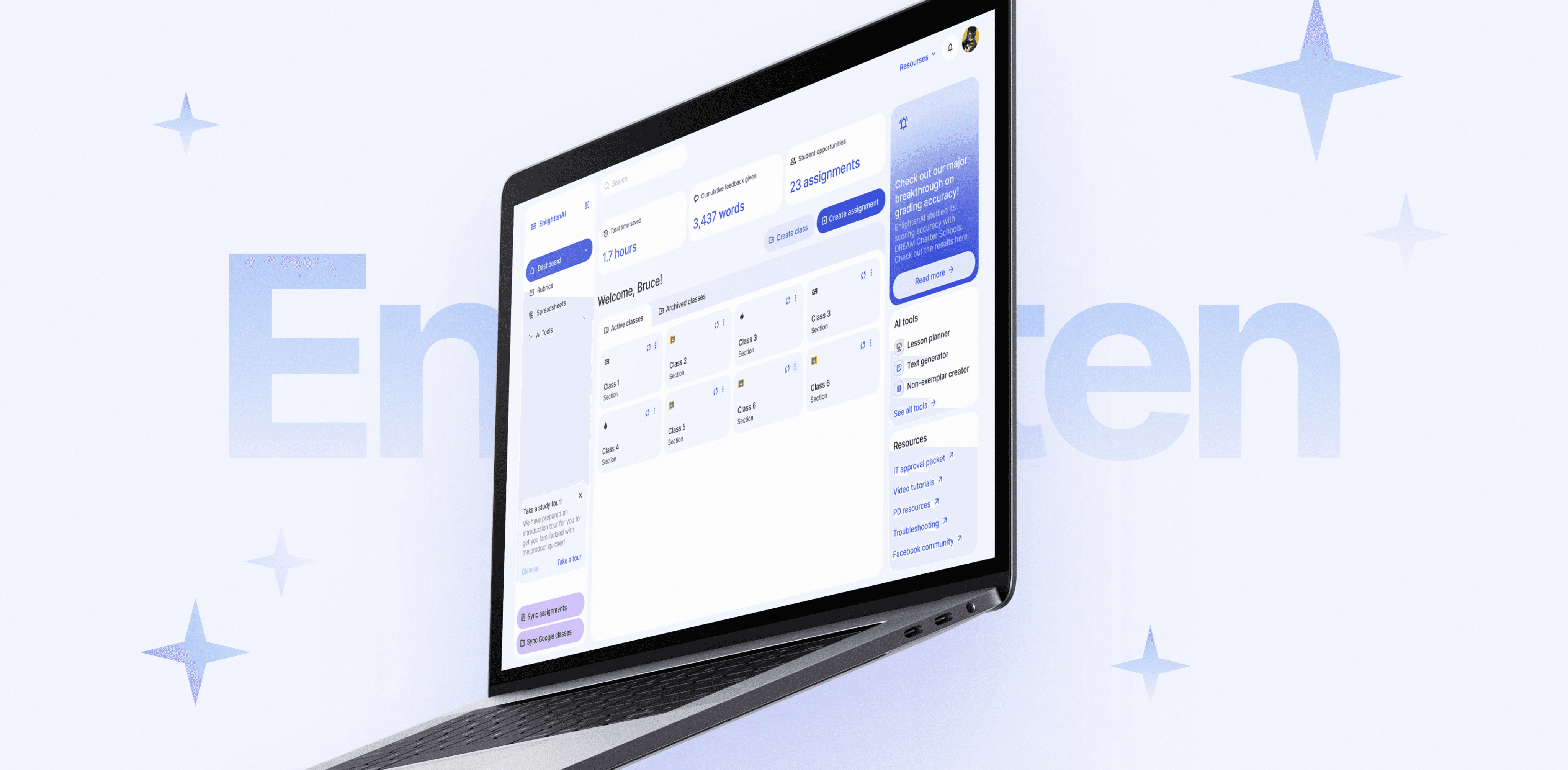 A laptop displaying the EnlightenAI dashboard interface, set against a light background with subtle star icons and a faint text 'Enlighten' in the backdrop.
