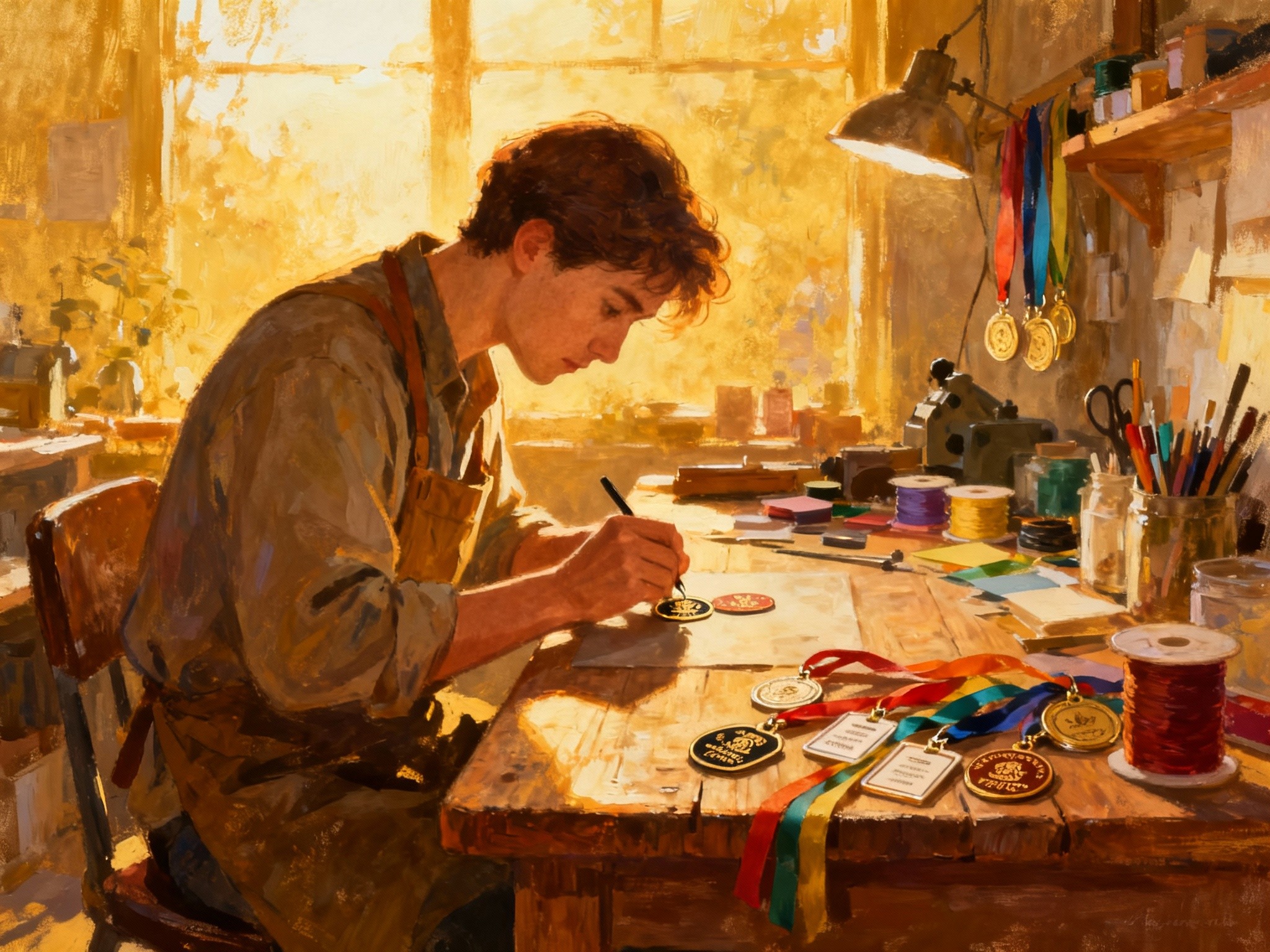 A vibrant wide-angle fine-art illustration depicting an artisan crafting personalized ID badges by