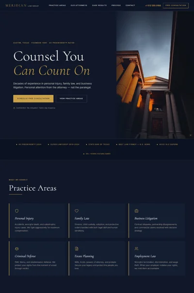 Law firm website AI prompt – Meridian Law Group navy gold design preview