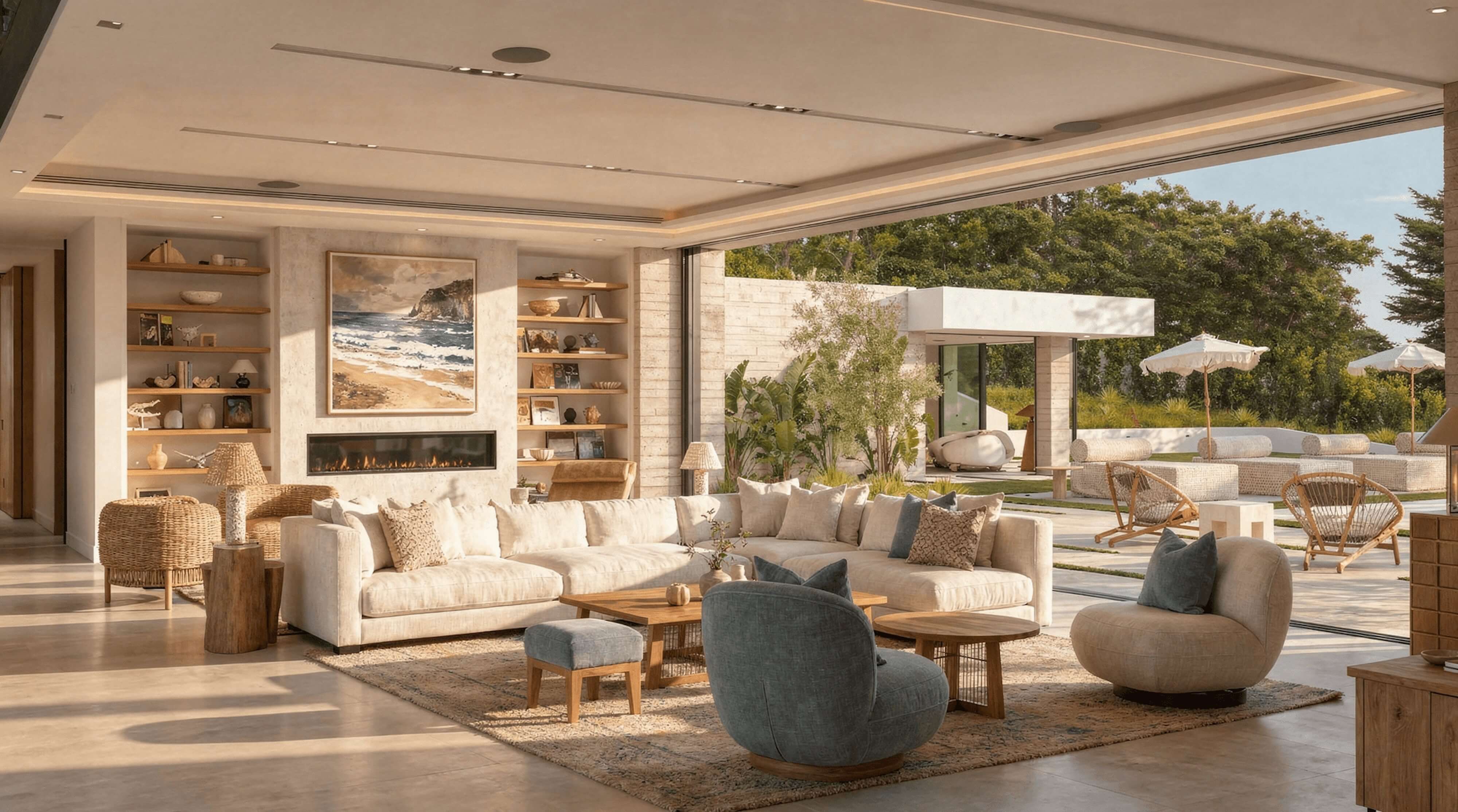 Luxury oceanfront home with stone exterior, resort-style pool, palm trees, and seamless indoor-outdoor living.