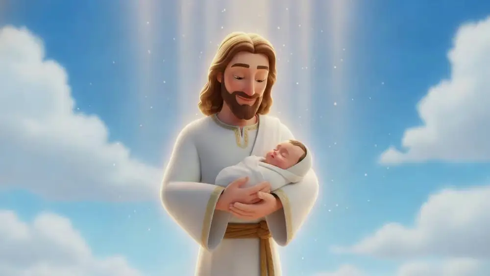 Scene 7: Jesus smiling as he holds a baby wrapped in white