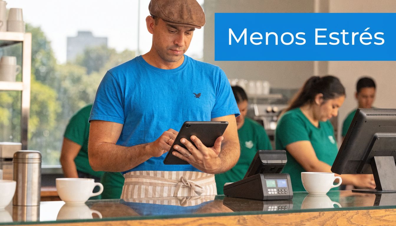 Un barista hombre usando una tableta digital para gestionar pedidos en una cafetería con menos estrés.