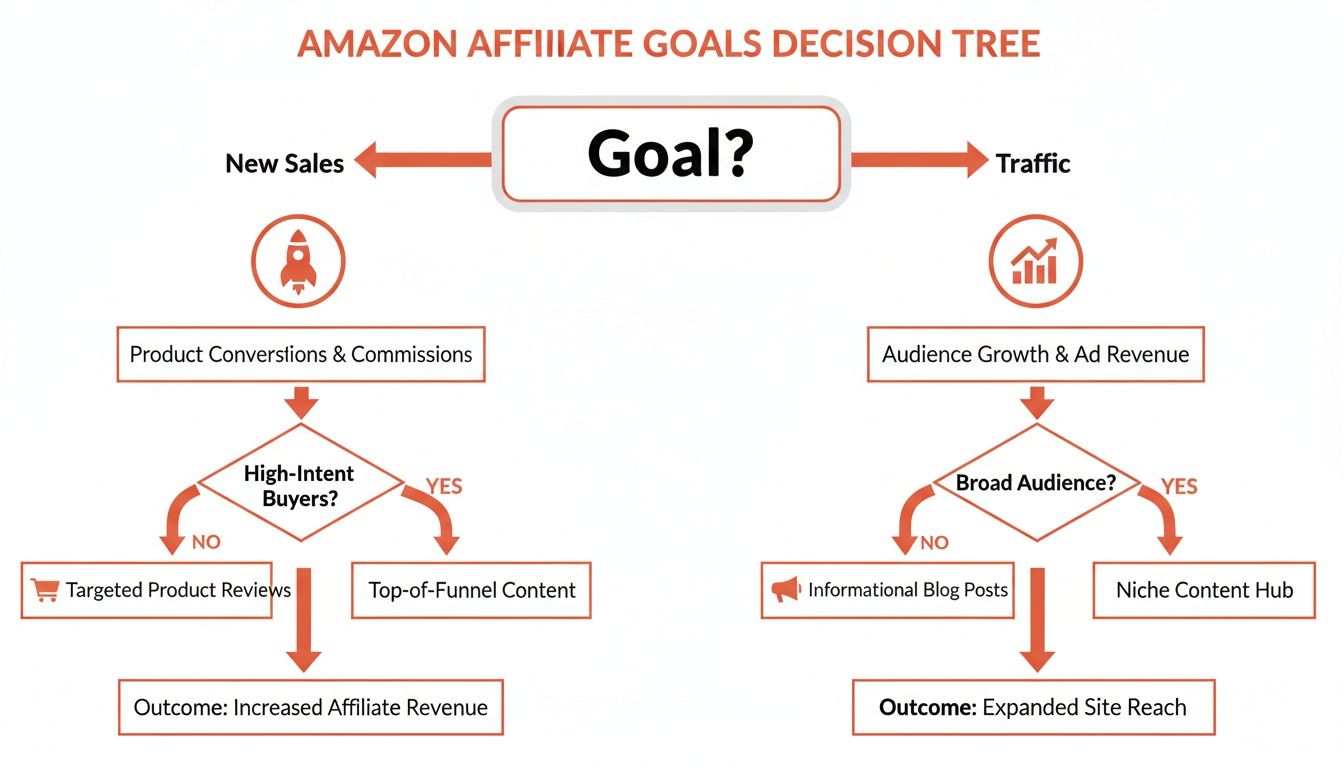 Flowchart outlining Amazon affiliate goals to increase sales or traffic and expand reach.