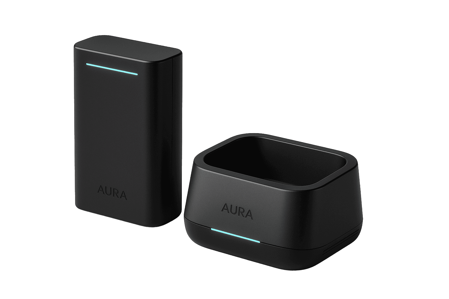 Two sleek, black Aura home security devices are displayed against a plain background, featuring minimalist LED light strips and modern design.