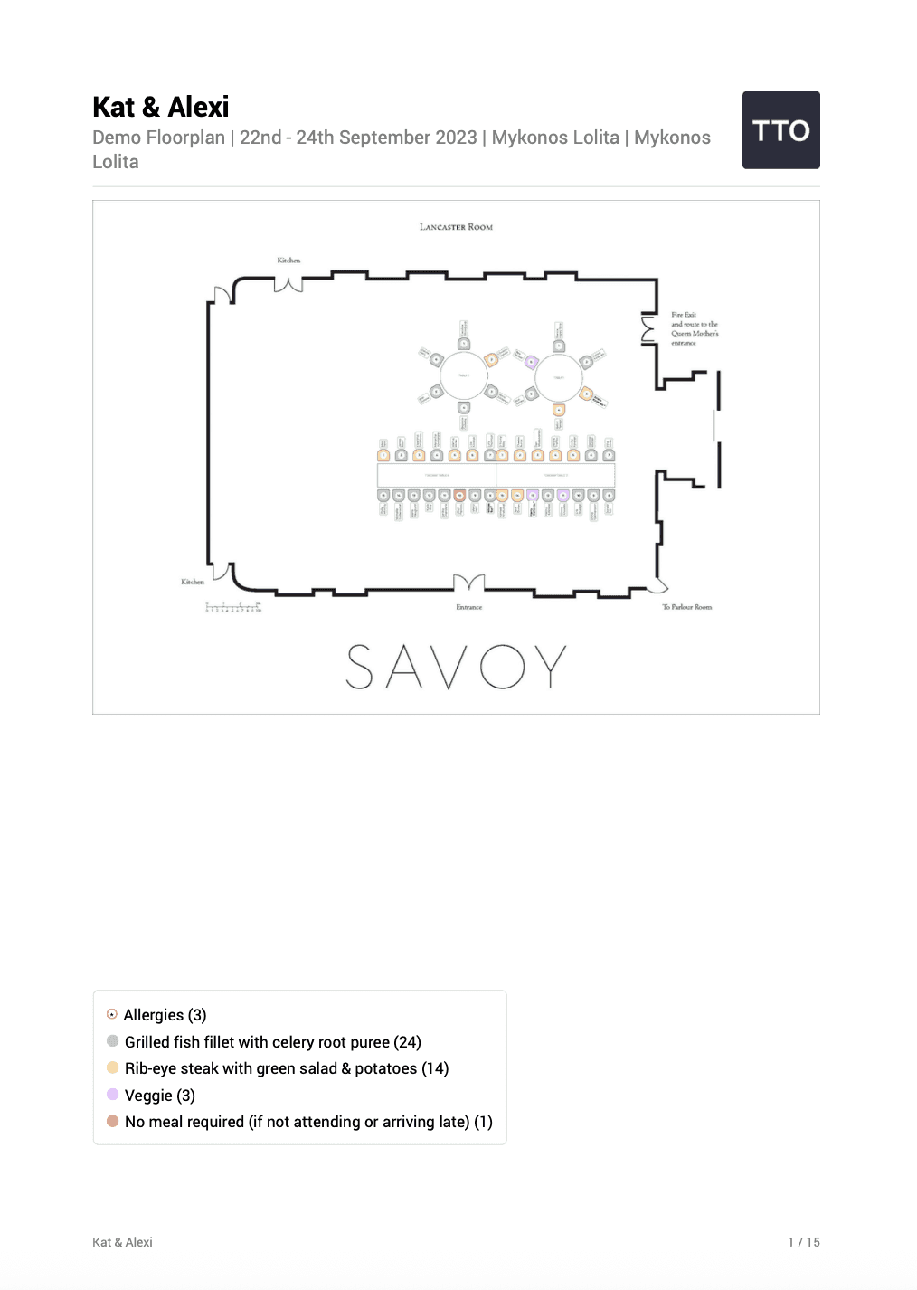 Caterer PDF export with colour-coded meal selections