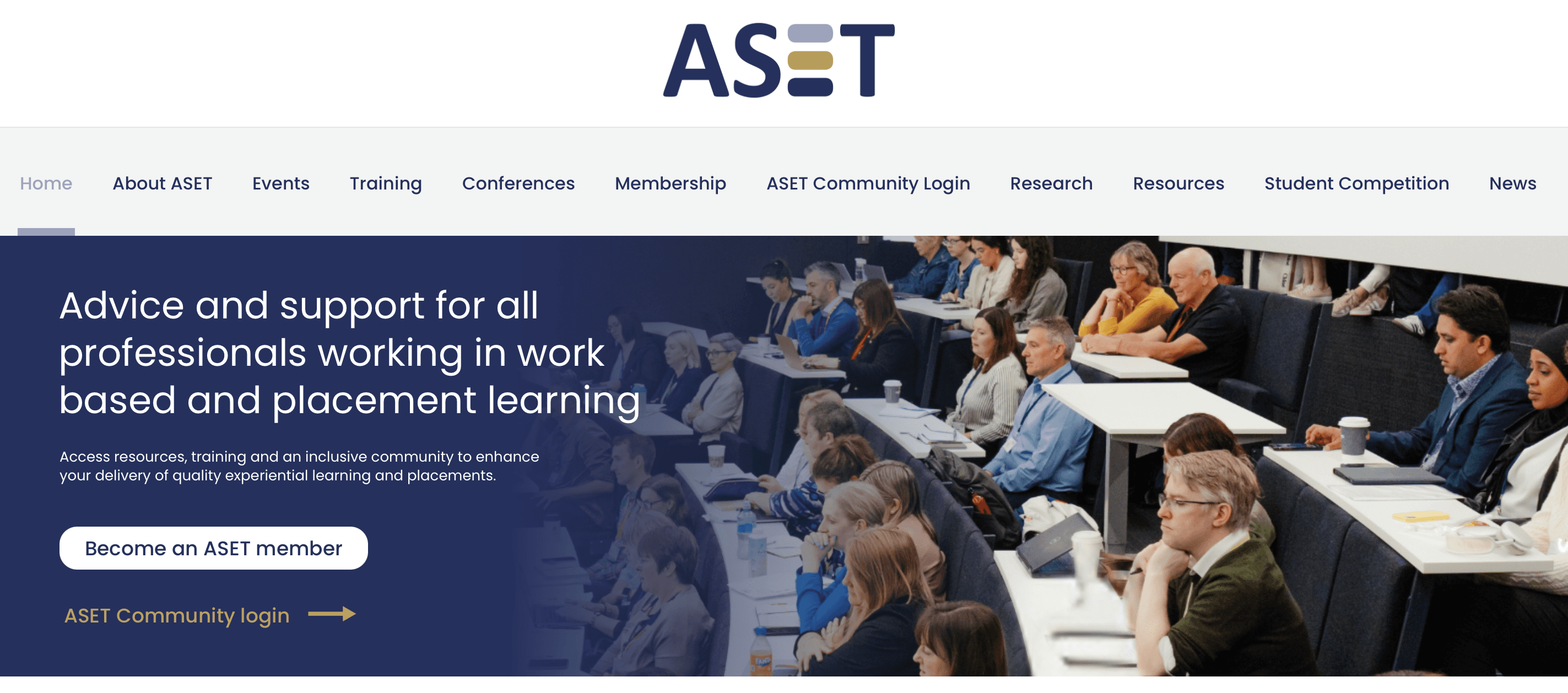 ASET website homepage hero section with an image of an audience of people in a lecture room.