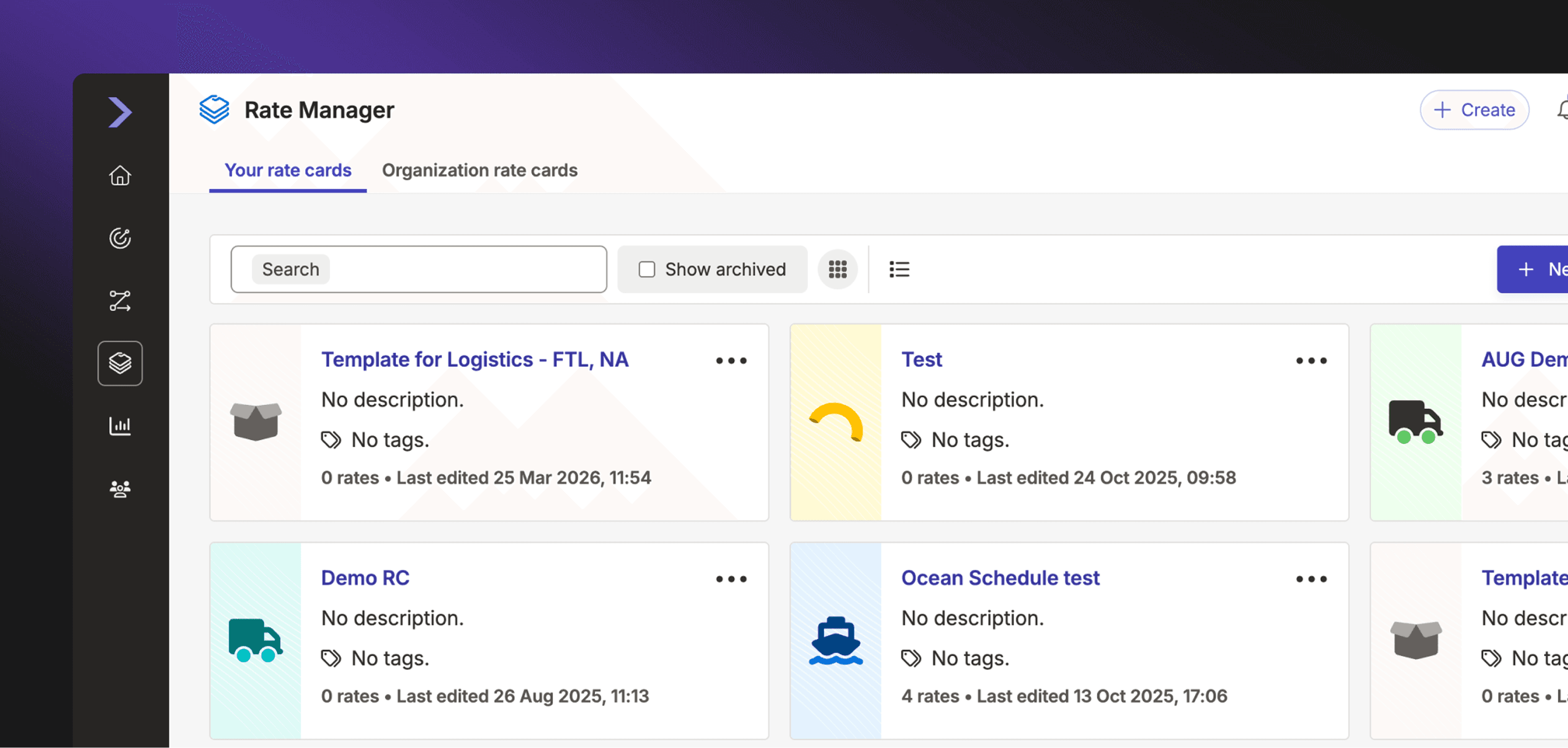 Final UI showing list of rate cards. Built using in house design system to WCAG AAA 2.1 standards.