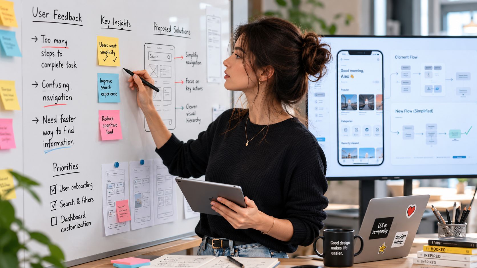 A professional UX designer working on mobile app interface improvements in a modern, creative studio office environment.