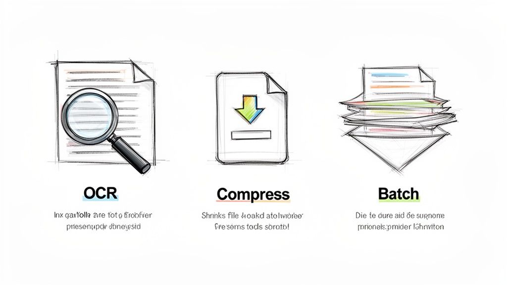 Illustrative sketch icons depicting OCR, compress, and batch processes for digital document management.