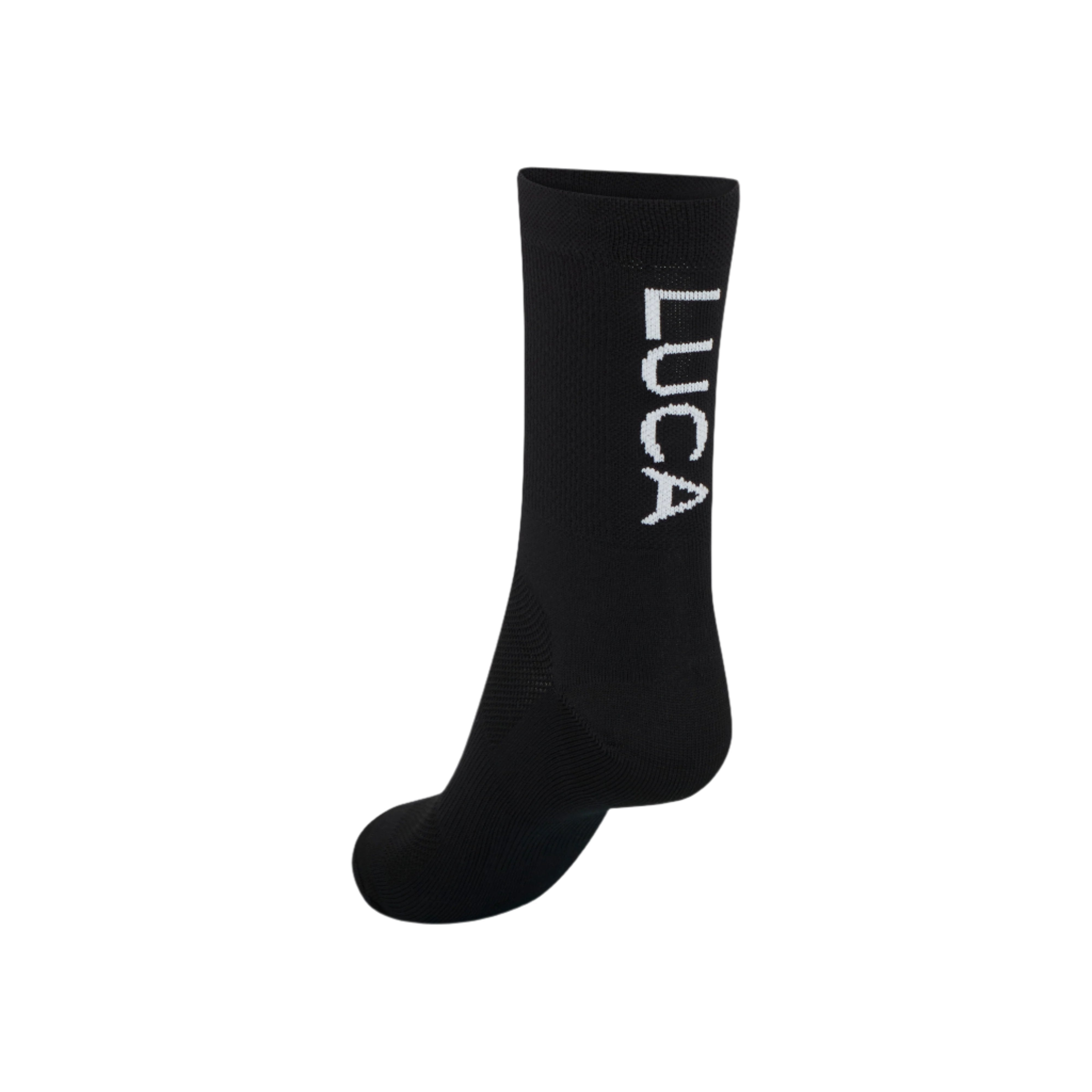 Single-black-Luca-cycling-sock-with-the-white-Luca-logo-printed-vertically-on-the-back-of-the-calf-shown-against-a-white-background
