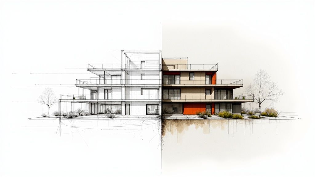 A photorealistic render of a modern home at dusk, with warm interior lights glowing.