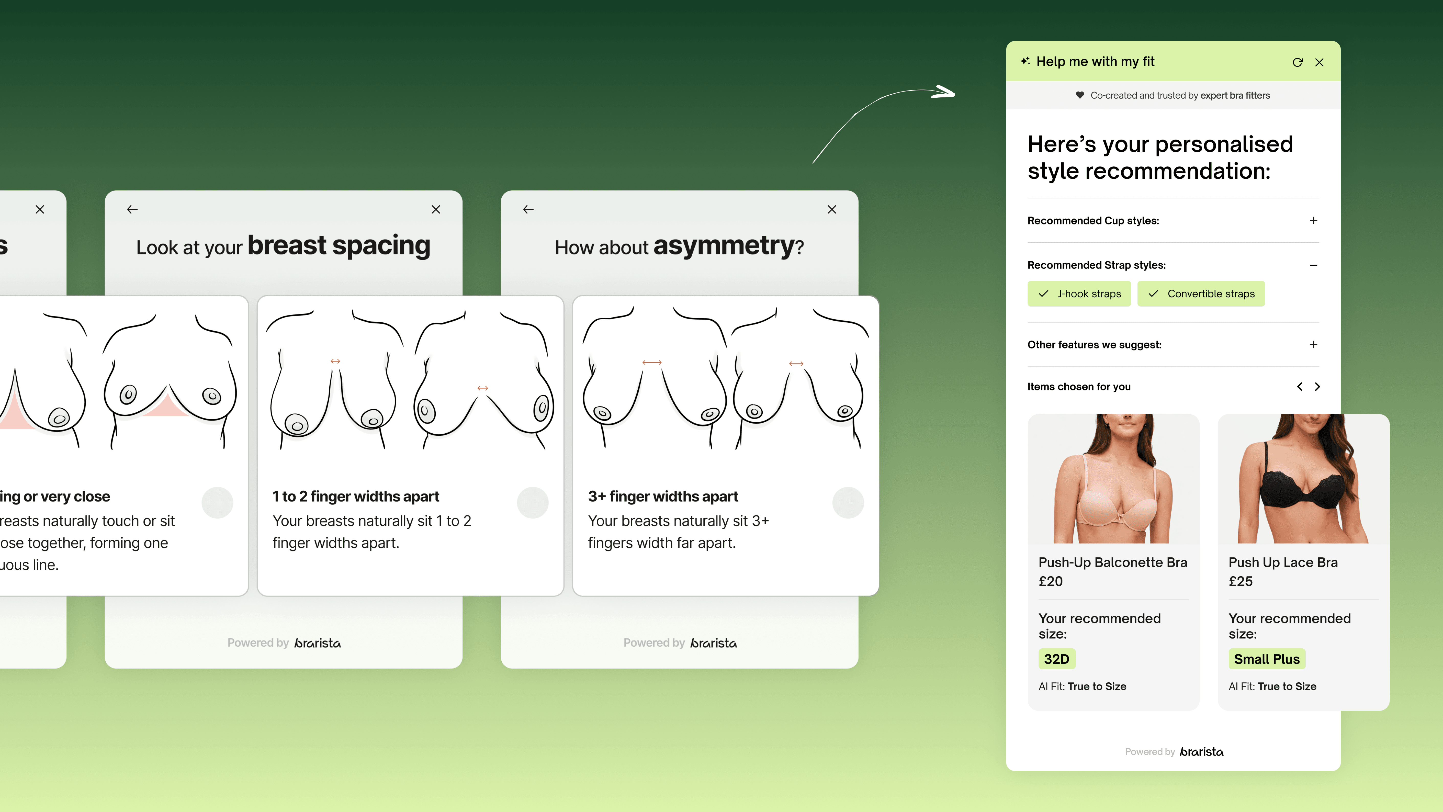 Brarista's breast shape quiz flow showing a series of visual questions about breast shape and body features, followed by a personalised results screen with product recommendations.