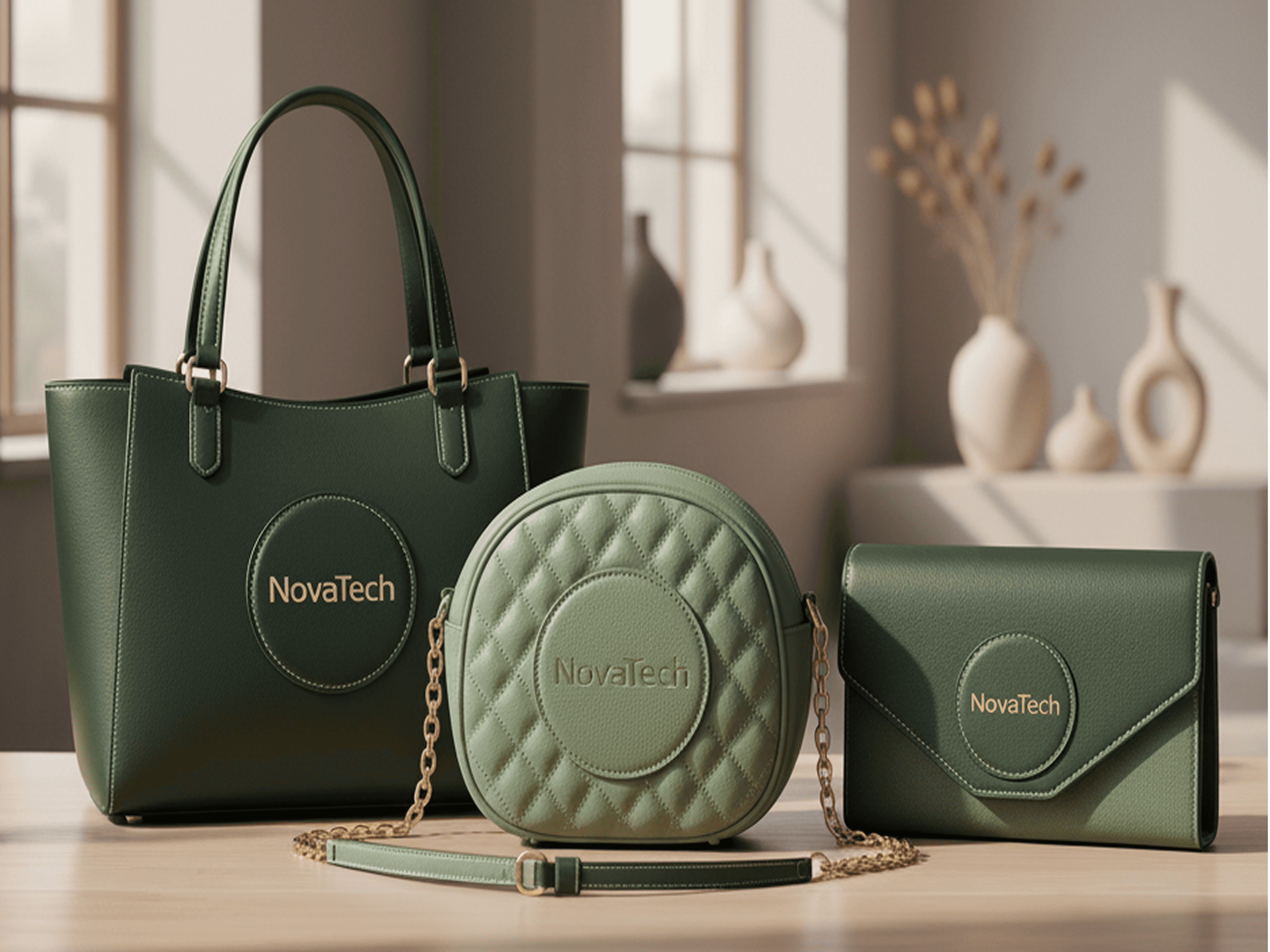 Three green 'NovaTech' handbags displayed on wooden surface with vases in background.