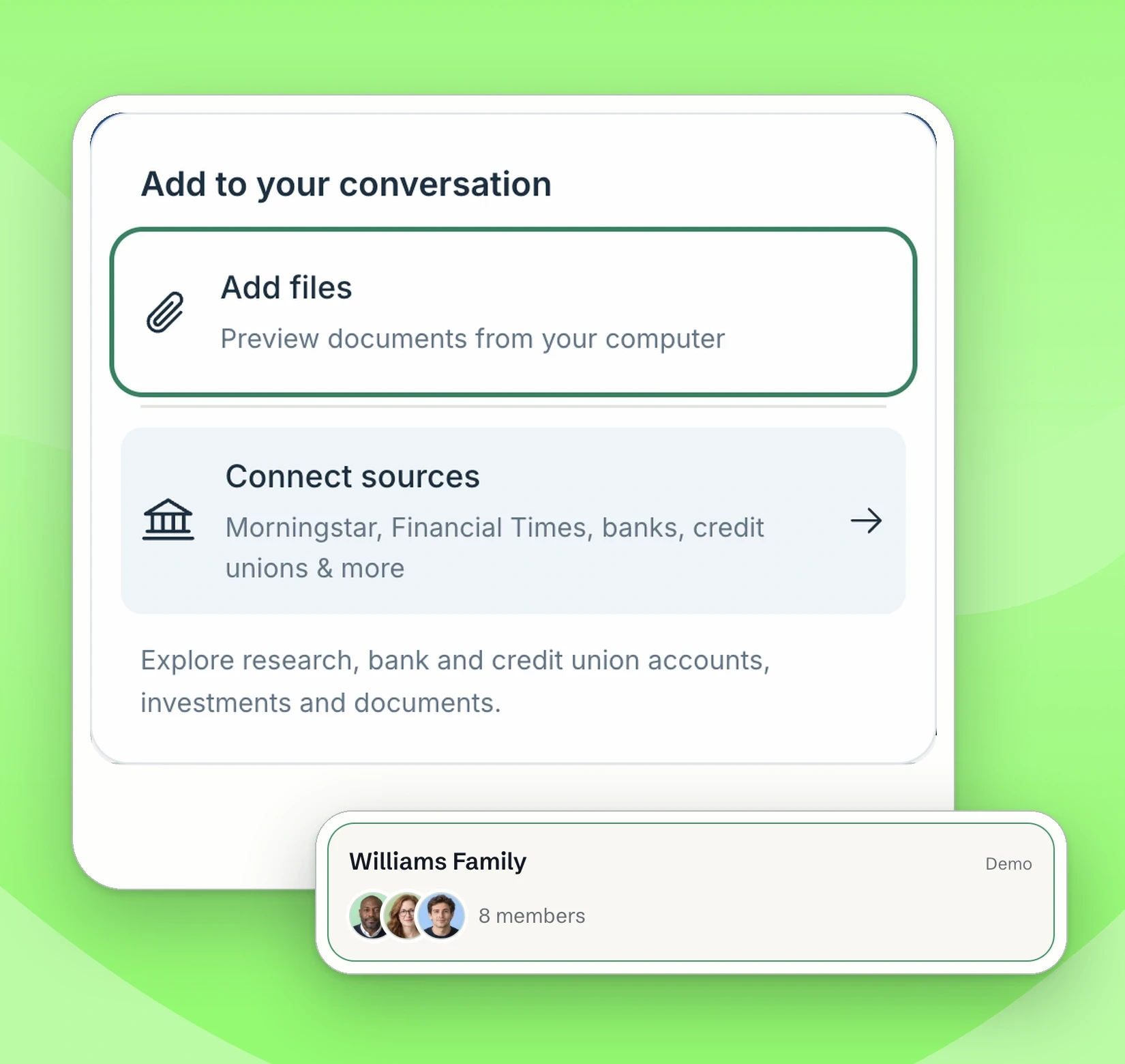 NestiFi real conversation tools for research and bank sources, paired with the Williams Family demo record