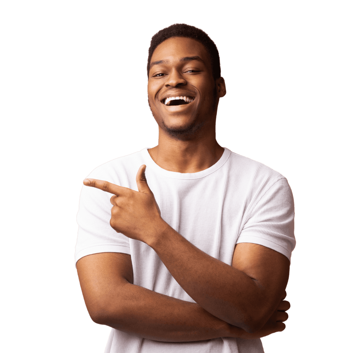 Lachende jonge professional die enthousiast naar voren wijst, als symbool voor nieuwe kansen en begeleiding bij CYRA.