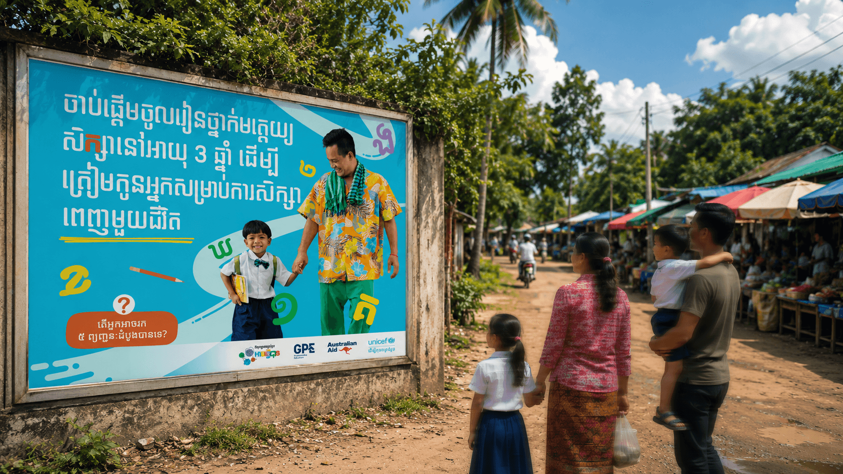 Cambodian family looking at a billboard
