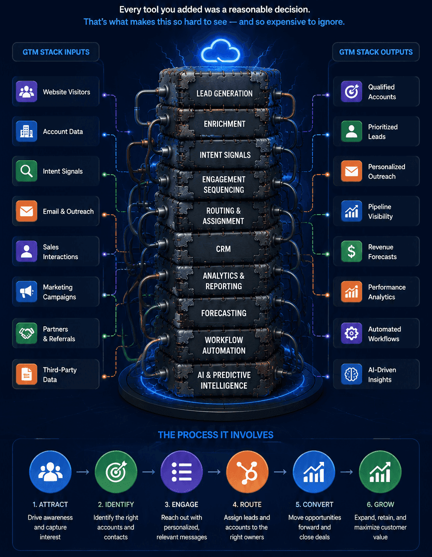 A technical infographic mapping out GTM stack inputs like intent signals and marketing campaigns against revenue operations workflow outputs.
