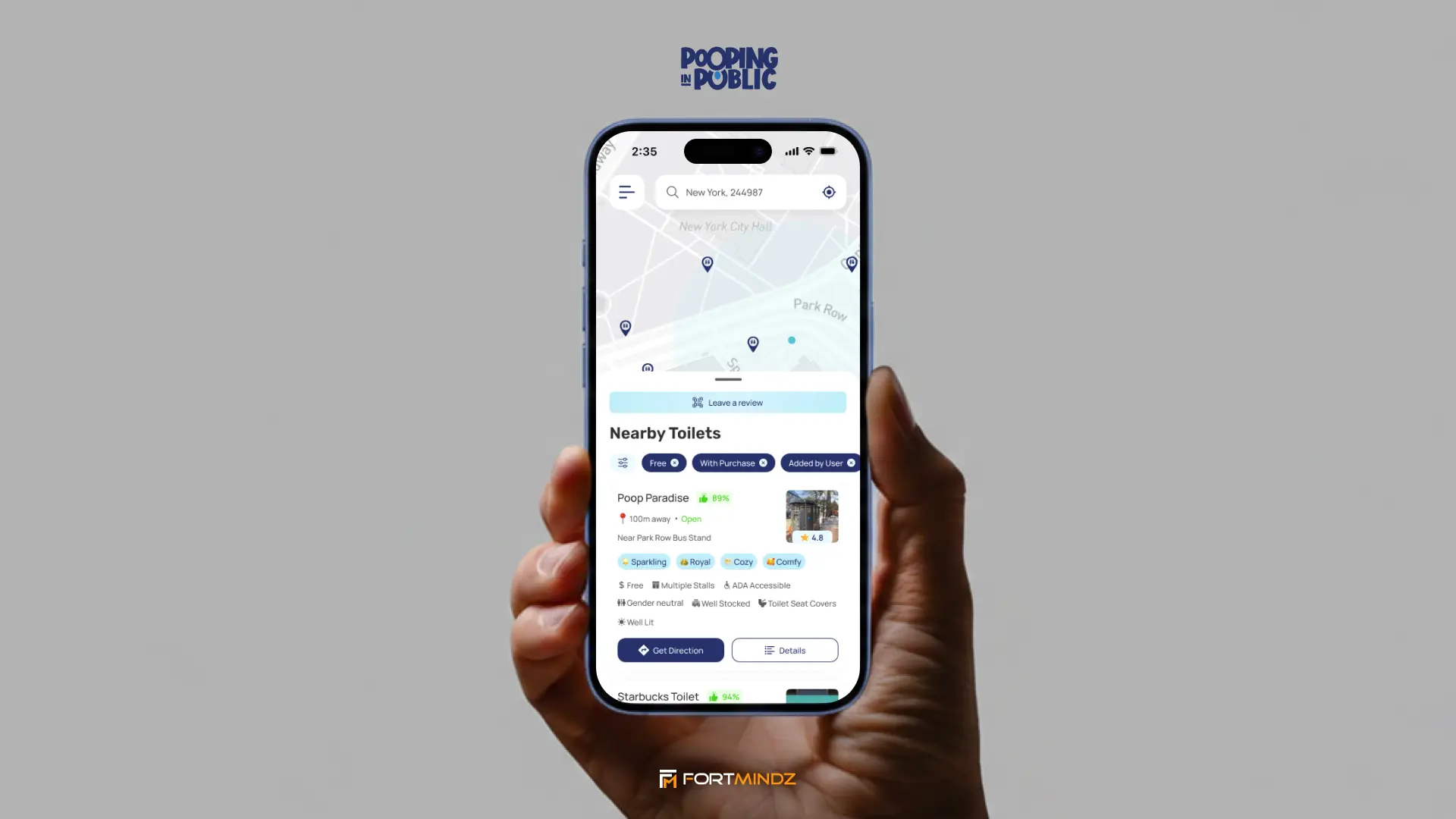 UI/UX design for Pooping in Public, a mobile application helping users find public toilets in urban areas.
