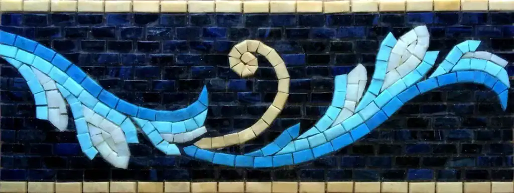 Palm Leaf Scroll mosaic border, Turquoise and cream on navy, hand-cut — reference H-08, Mosaiclegs Art Studio