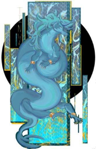 A blue eastern-style dragon coiled over patterned panels, dragon drawing by tinymitch-apple