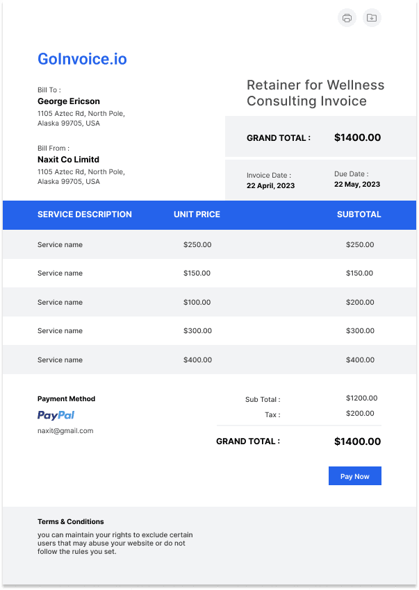 Retainer for Wellness Consulting Invoice