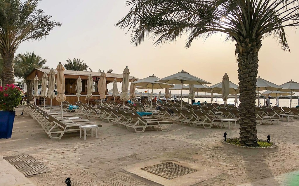 A beach at Al Seef featuring lounge chairs and umbrellas set up near the water's edge.