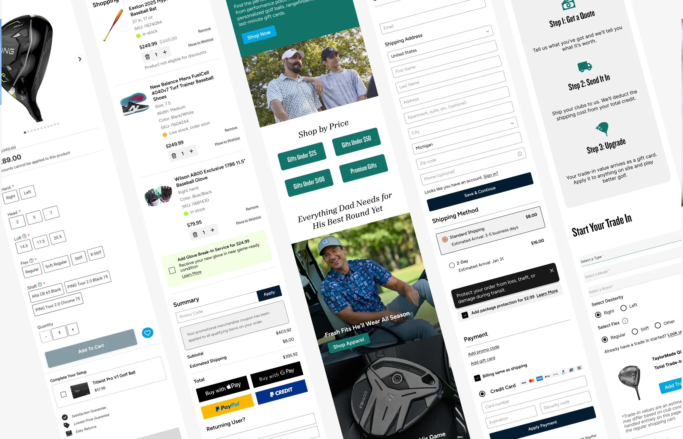 Mobile screens of pdp, checkout, cart and landing pages
