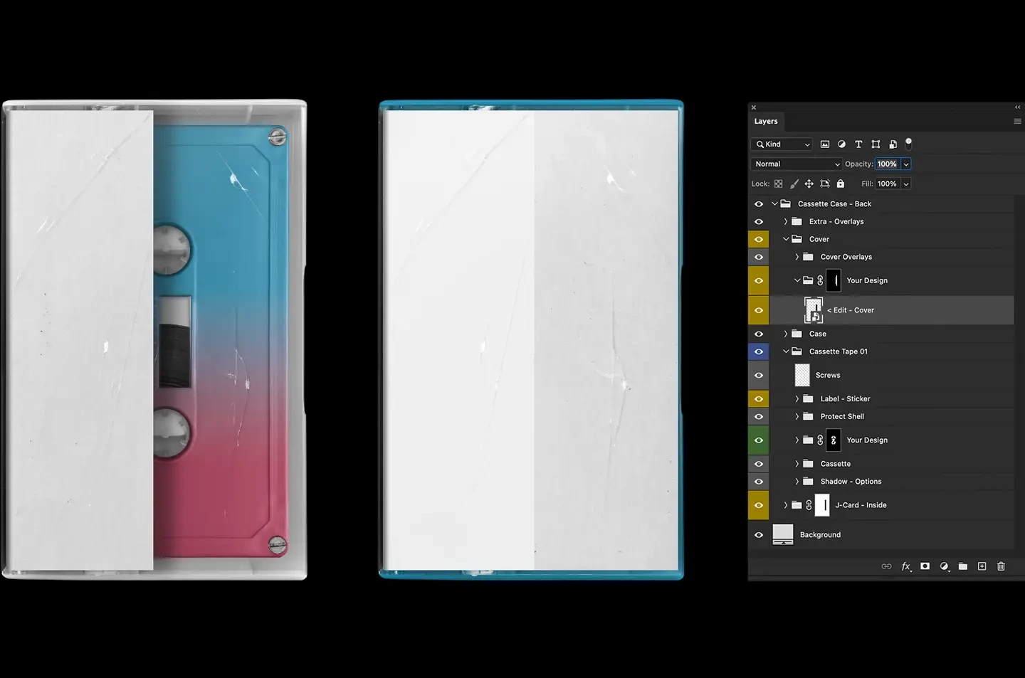 Cassette Case Mockup 02 demonstrating the smart object layer for easy custom artwork placement.