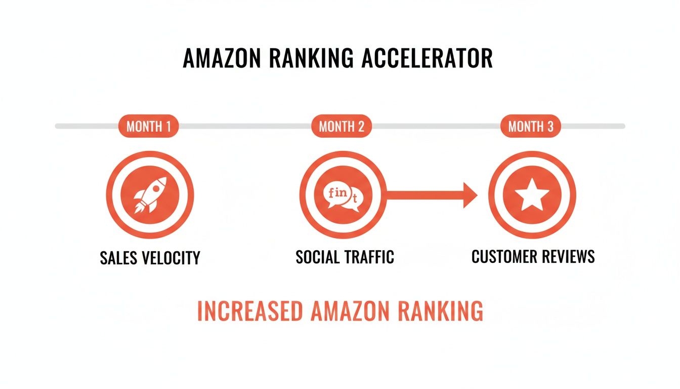 Infographic showing a 3-month Amazon ranking accelerator with sales velocity, social traffic, and customer reviews.