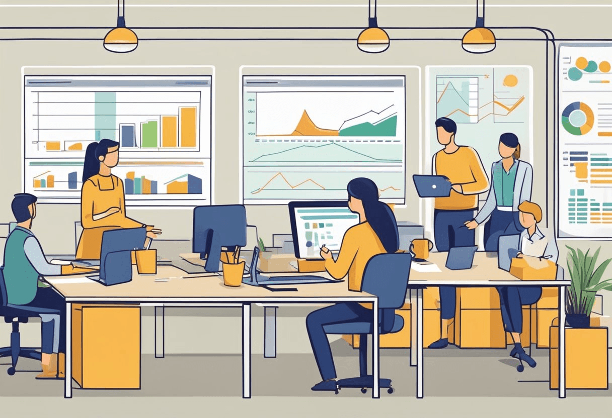 Employees working happily in a stable, thriving organization. Managers implementing retention strategies. Charts showing decreasing turnover rates