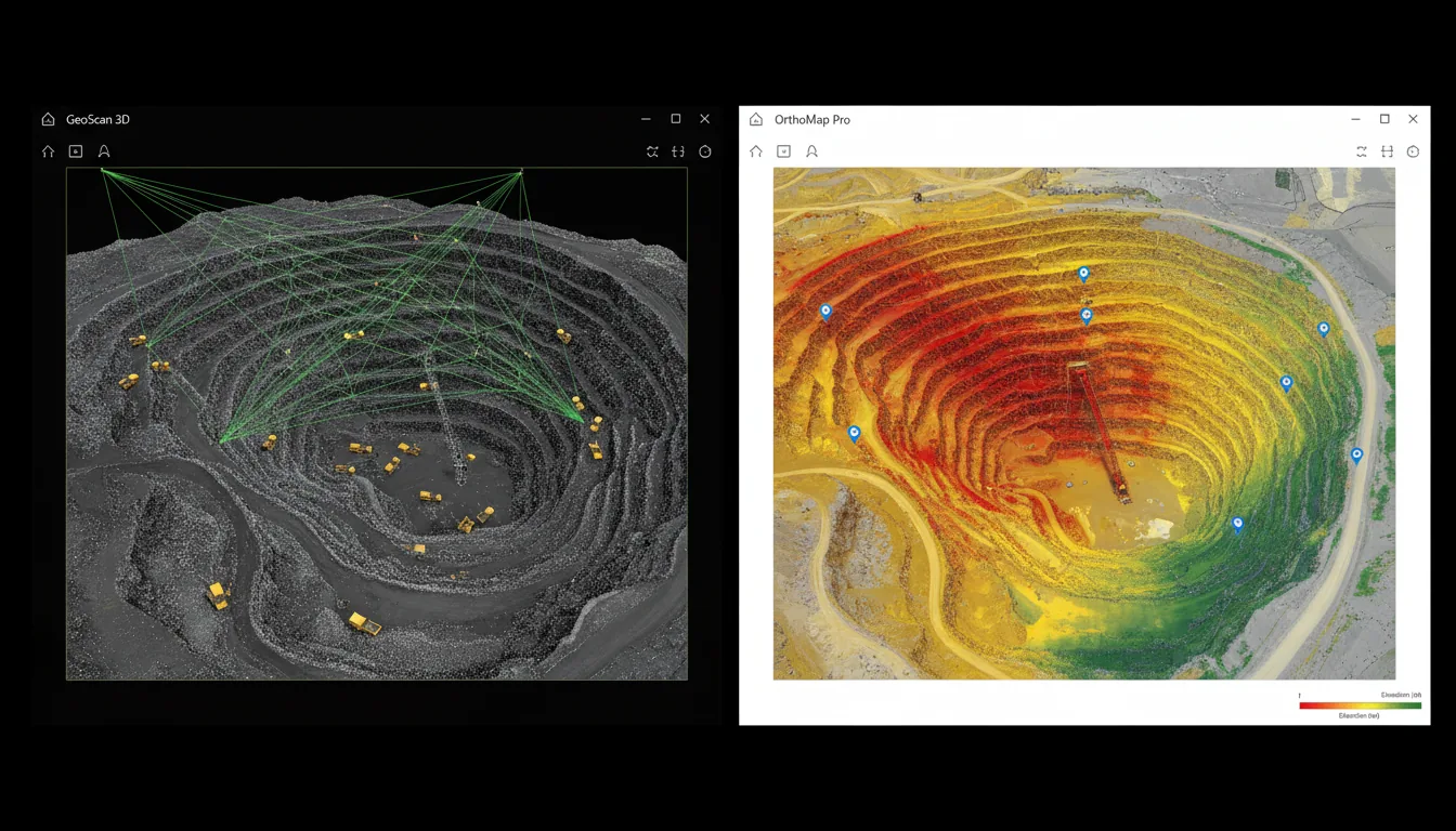 A split-screen view of a professional reality capture software interface, displaying a photogrammetry project of a mining quarry. On the left, a 3D point cloud reconstruction of the quarry with several yellow dump trucks, viewed from a high-angle perspective against a black background; a green wireframe grid representing a drone flight path floats above the scene. On the right, a top-down 2D orthographic view of the same site, presented as a digital elevation model with a vibrant red, yellow, and green heatmap overlay; this panel has a clean light-mode UI with minimalist white navigation icons and several blue map pin markers.