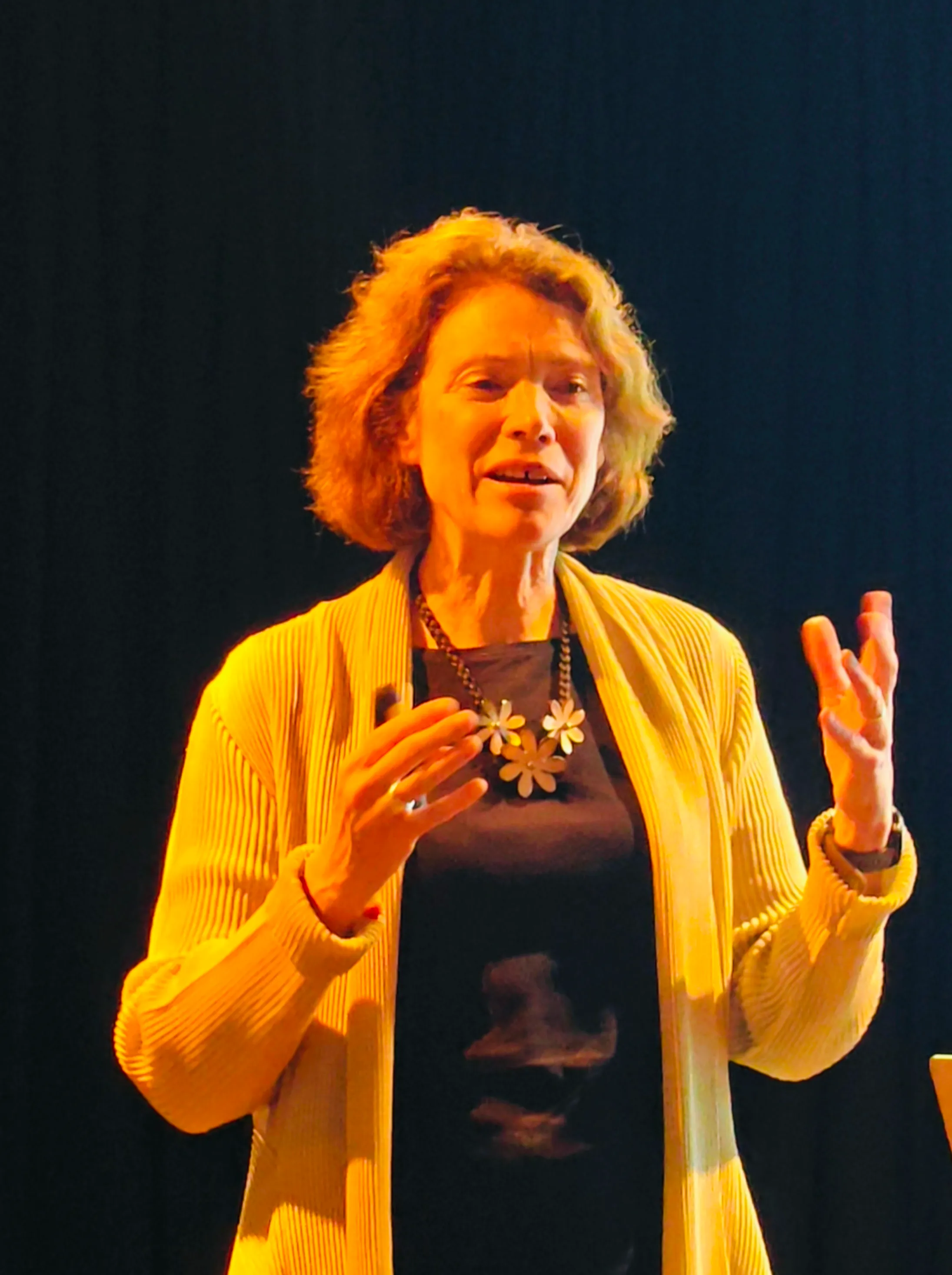 A woman speaking under the spotlight