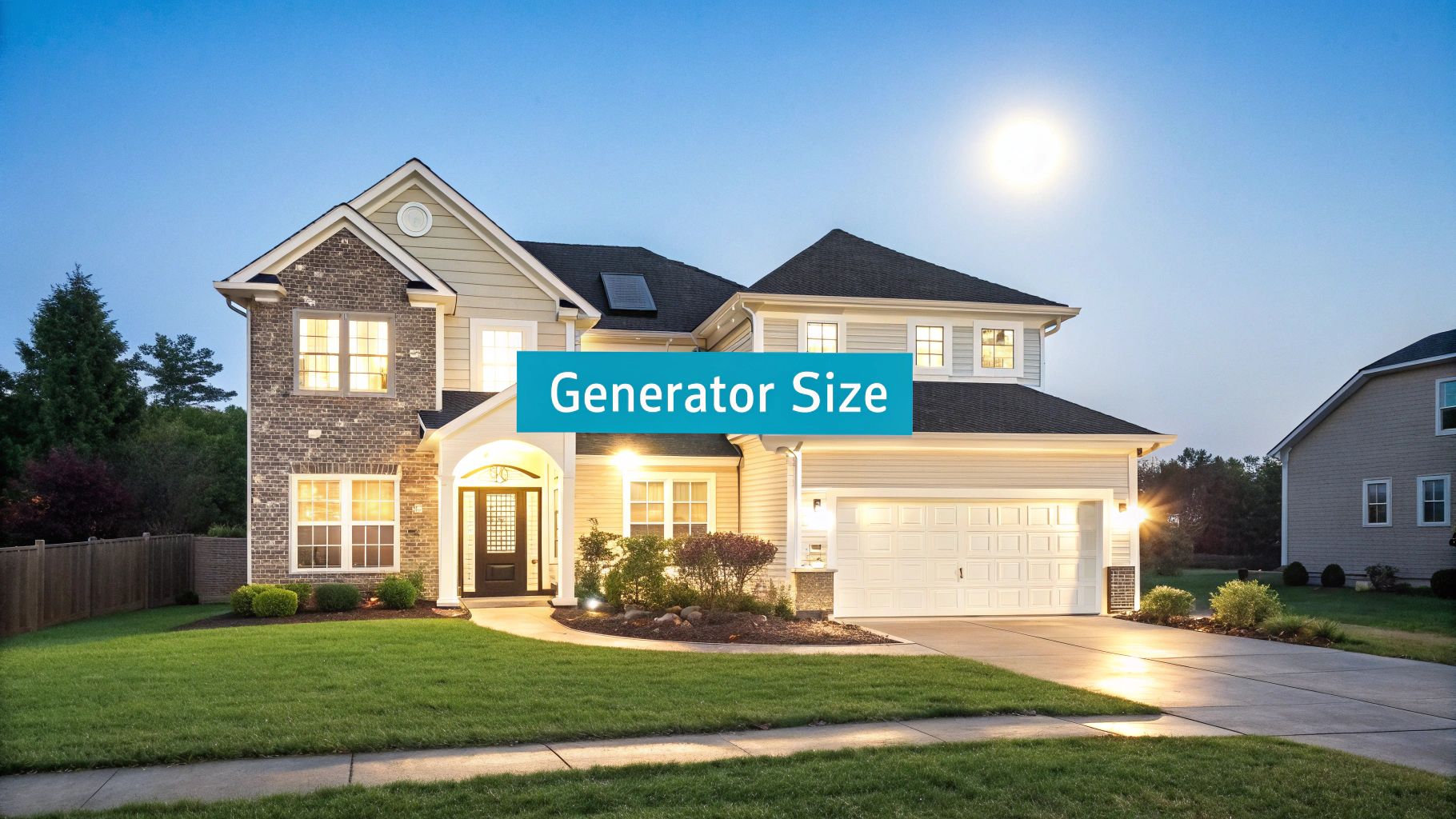a well lit home with a blue text box in the foreground reaidng 'generator size'