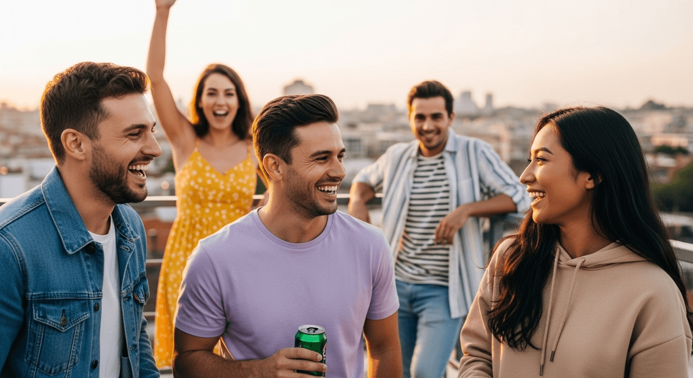 Group of friends enjoying a spontaneous rooftop hangout with drinks at sunset
