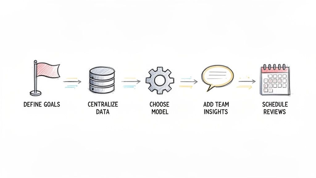 A five-step process diagram illustrating goal definition, data centralization, model selection, team insights, and review scheduling.