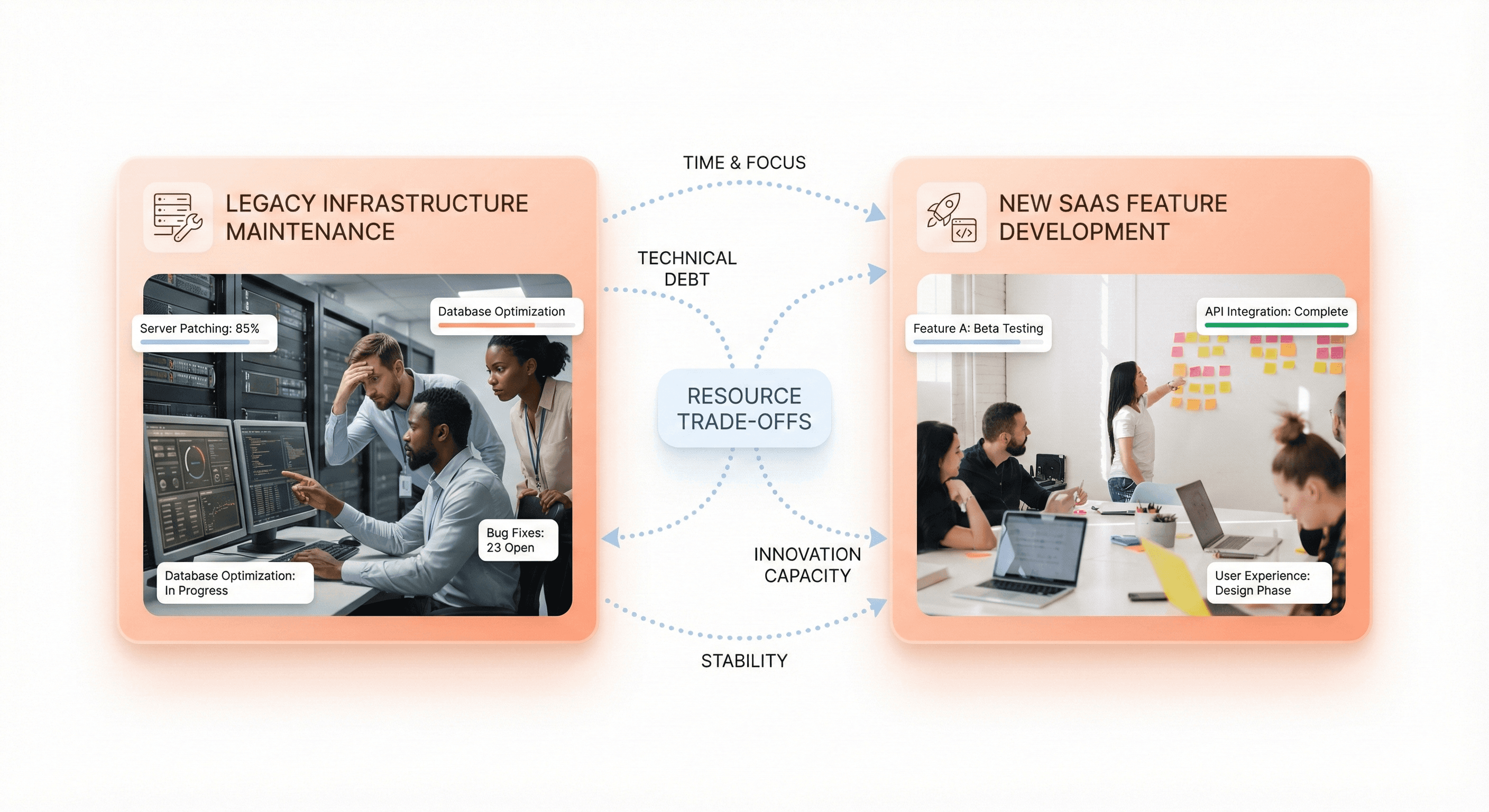 Split view showing SaaS engineers maintaining legacy infrastructure on one side and building new revenue-generating features on the other.
