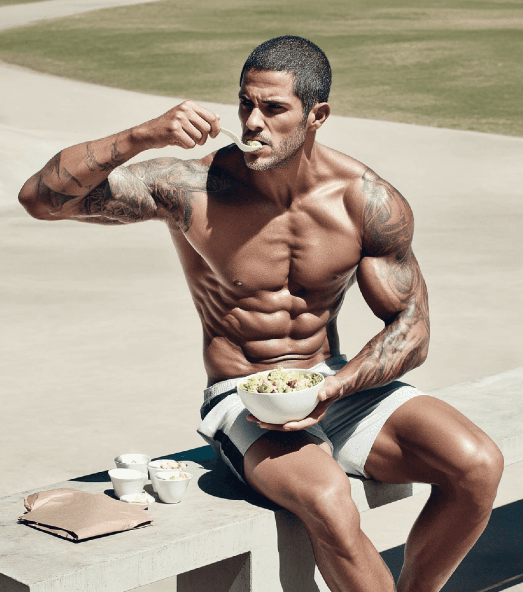 Muscular man eating a healthy meal outdoors, paired with the text 'Need to get back on track after a break'.