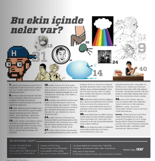 A newspaper like page filled with articles and eight bit art images depicting human faces, rainbows, cracked eggs, memes and photos of different people.