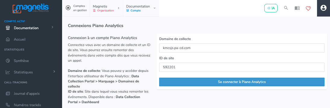 Configuration de la connexion Piano Analytics